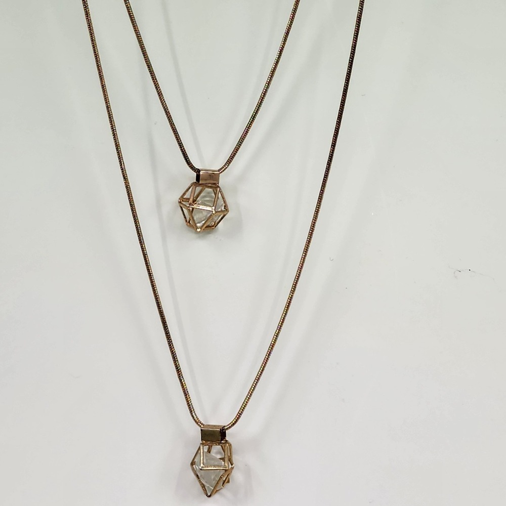 Gold Tone Layered Necklace Set 2 Clear Faceted Geometric Cage Pendants Gift
